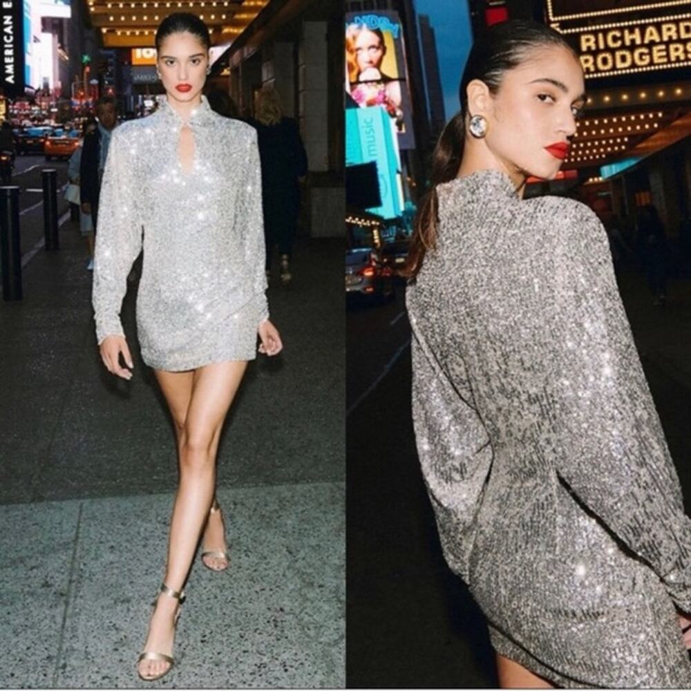 Ronny Kobo Lauper Dress Mini Sequin V Neck New Years Glam Sexy Silver Size S